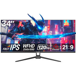 Gawfolk Écran PC 34 Pouces, Moniteur Gaming 120Hz, Ecran PC QHD 2K 256x144, 1% sRGB, 1ms MPRT, Haut Parleurs Intégrés, Interface
