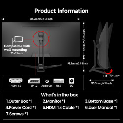 Gawfolk Écran PC 34 Pouces, Moniteur Gaming 120Hz, Ecran PC QHD 2K 256x144, 1% sRGB, 1ms MPRT, Haut Parleurs Intégrés, Interface