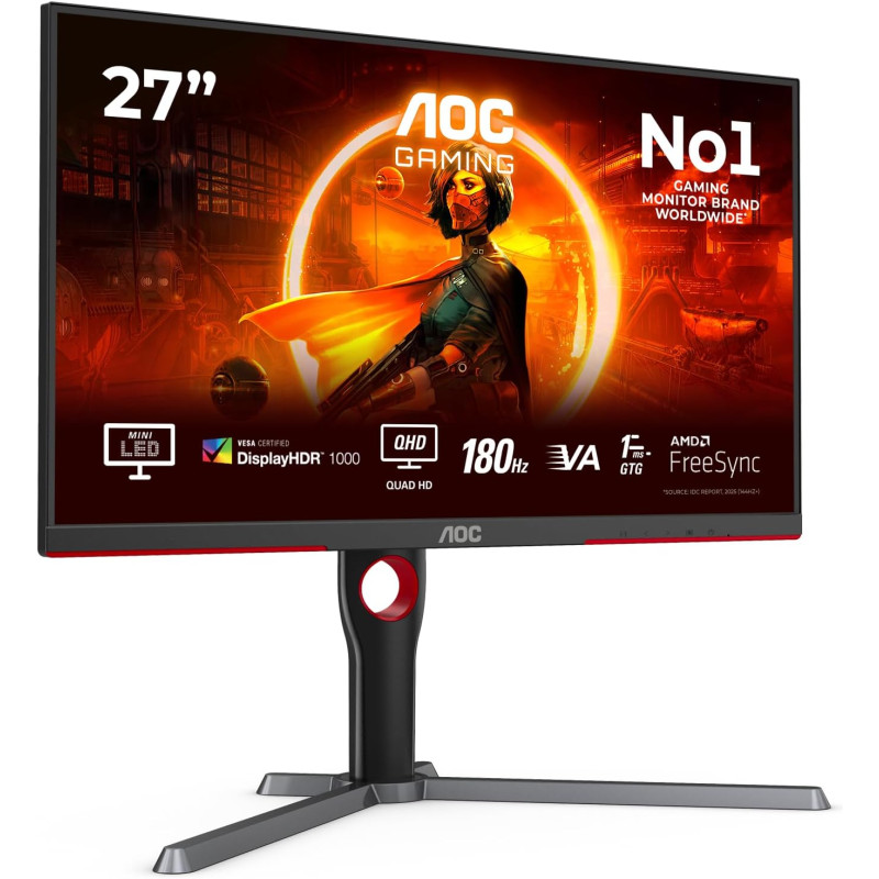 AOC Gaming Q27G3XMN - Moniteur QHD 27 pouces, 180 Hz, FreeSync Prem. Pro., HDR1000 (2560x1440, 1 ms GtG, HDMI, Display Port) noi