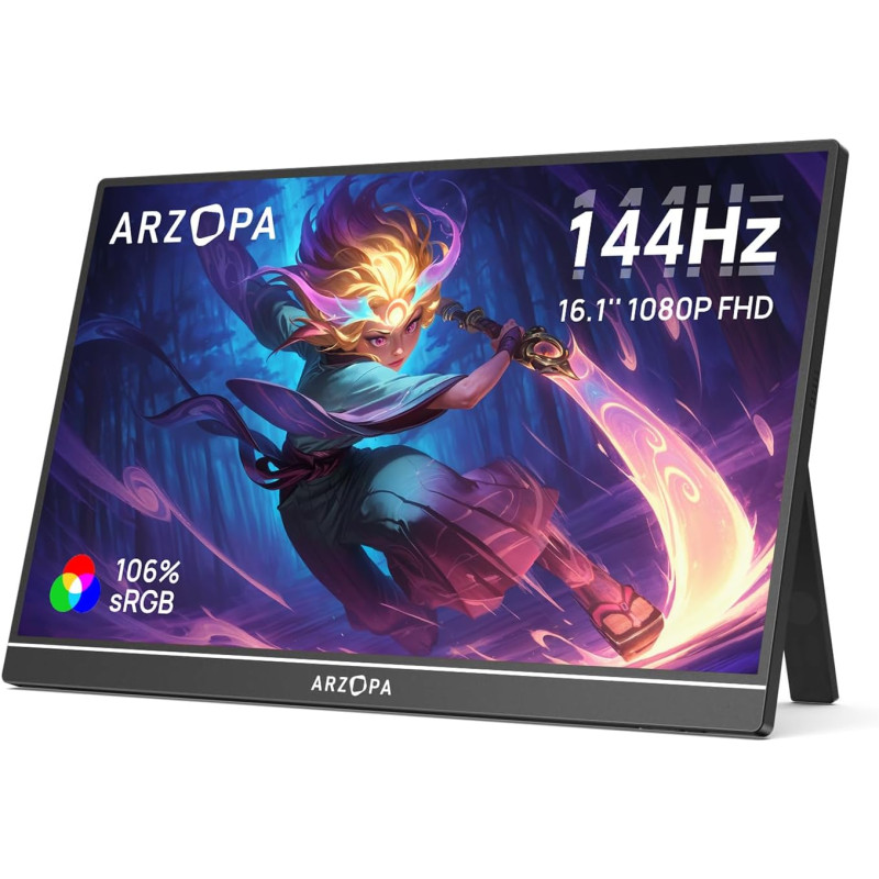 ARZOPA Écrans Portable 16,1" 144 Hz avec béquille, 106% sRGB 1920 × 1080P FHD HDR 144 Hz, Ultra Fin-Protection des Yeux-Deuxième