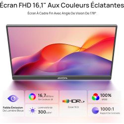 ARZOPA Écran Portable 16,1" IPS FHD 1080P, Moniteur Portable USB-C/HDMI avec Tige Unique,100% sRGB, HDR, Écran Léger Ultra-Mince