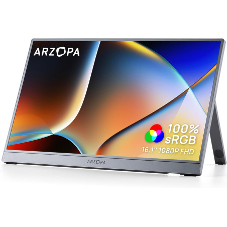 ARZOPA Ecran Portable 16,1" FHD 1080P, Moniteur Portable IPS 100% sRGB avec Pied Réglable, Affichage Ultra-Mince à Gamme de Coul