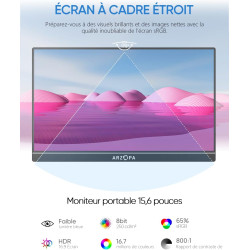 ARZOPA Écrans Portable 15,6" 1920 x 1080 FHD IPS pour Ordinateur Portable avec Béquille, Deuxième Écran Ultra Fin pour Ordinateu