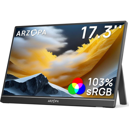 ARZOPA Grand Ecran Portable 17,3 Pouces, Moniteur Portable FHD HDR IPS, Deuxième Écran Externe avec Béquille USB C HDMI pour PC 