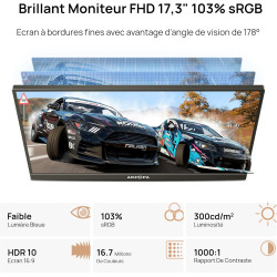 ARZOPA Grand Ecran Portable 17,3 Pouces, Moniteur Portable FHD HDR IPS, Deuxième Écran Externe avec Béquille USB C HDMI pour PC 