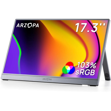 ARZOPA Écran Portable 17,3" Gris, Moniteur Portable 1080P FHD 103% sRGB IPS Gaming Écran Externe avec Pied Intégré HDMI USB-C po