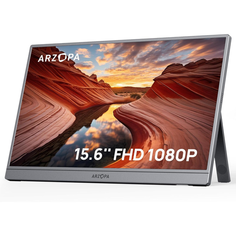 ARZOPA Écran Portable 15,6" 1920x1080 FHD IPS, Moniteur Portable USB-C Ultra Fin avec Pied Intégré, HDR10, Haut-Parleurs, Compat