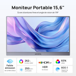 ARZOPA Écran Portable 15,6" 1920x1080 FHD IPS, Moniteur Portable USB-C Ultra Fin avec Pied Intégré, HDR10, Haut-Parleurs, Compat