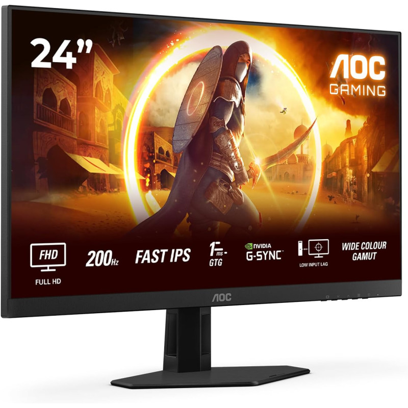 AOC Gaming Moniteur 24G4HRE 23.8 Pouce 200Hz Fast IPS Dalle, 0.5ms MPRT, HDR10, G-Sync Compatible, Haut-parleurs, (1920x1080 HDM
