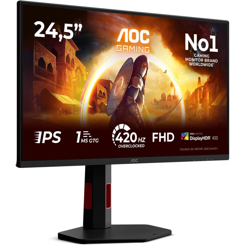 AOC Gaming Moniteur 25G4KUR 25 Pouce 420Hz, Fast IPS Dalle, 0.5ms GtG, HDR400, G-Sync Comp., Ajustable en Hauteur, USB Hub(1920x