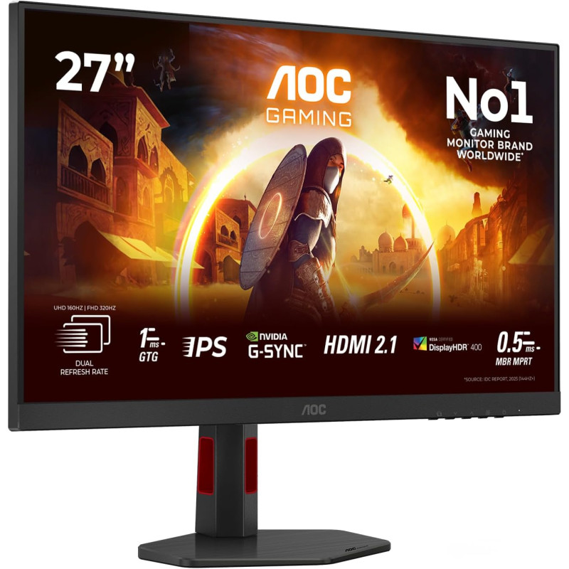 AOC Gaming Moniteur U27G4R 27 Pouce 160Hz Fast IPS Dalle, 0.5ms MPRT, HDR400, G-Sync Compatible, Ajustable en Hauteur, USB Hub(3