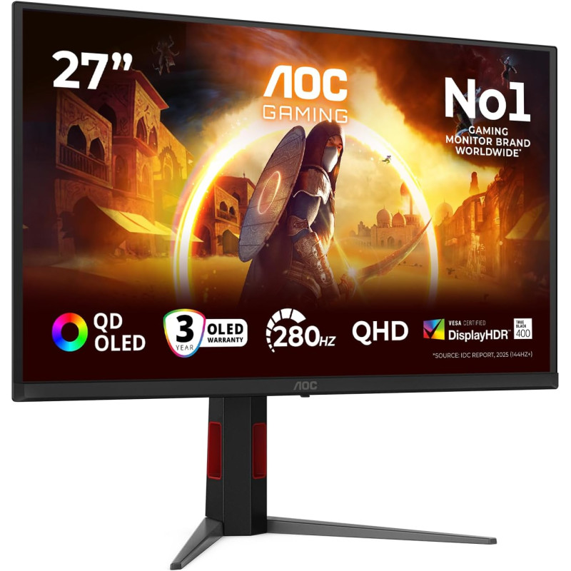Aoc moniteur q27g4zd 27 pouce 280hz qd-oled dalle, 0.03ms gtg, hdr400 truenoir, g-sync compatible, ajustable en hauteur, usb hub