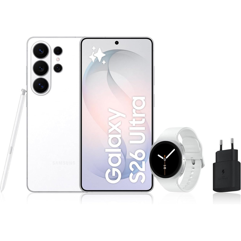 Samsung galaxy s26 ultra, avec galaxy ai, 256 go, blanc galaxy watch8, 40mm, argent, bleutooth, chargeurs secteurs rapides 25w i
