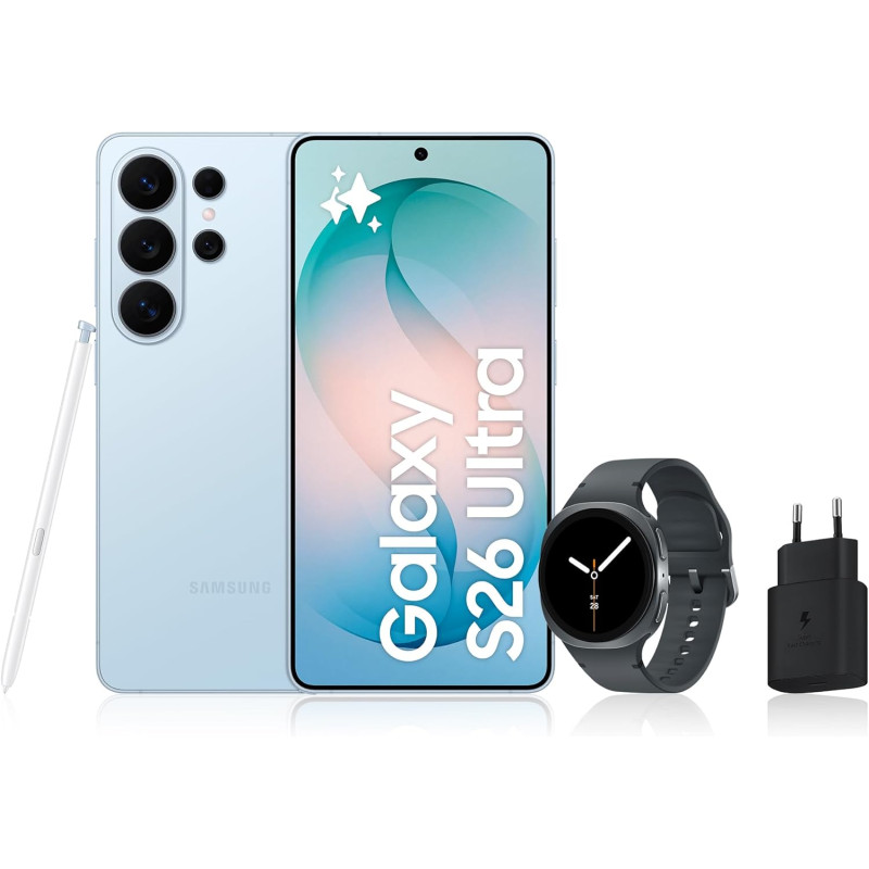 Samsung galaxy s26 ultra, avec galaxy ai, 256 go, bleu galaxy watch8, 40mm, noir, bleutooth, chargeurs secteurs rapides 25w incl