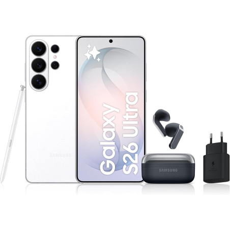 Samsung Galaxy S26 Ultra, avec Galaxy AI, 1 to, Blanc Galaxy Buds4, Noir, Chargeurs secteurs Rapides 25W Inclus, Version FR