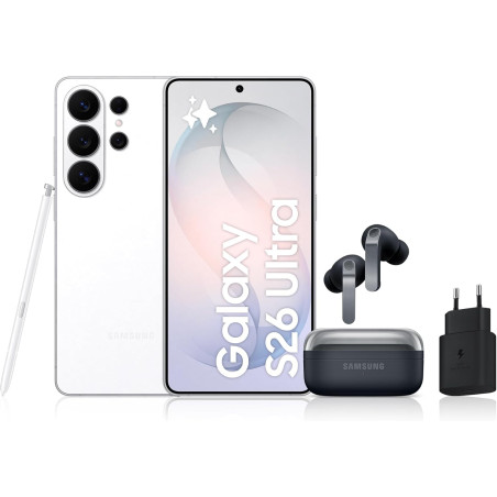 Samsung Galaxy S26 Ultra, avec Galaxy AI, 1 to, Blanc Galaxy Buds4 Pro, Noir, Chargeurs secteurs Rapides 25W Inclus, Version FR
