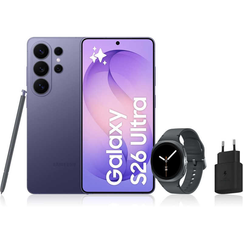 Samsung galaxy s26 ultra, avec galaxy ai, 1 to, violet galaxy watch8, 40mm, noir, bleutooth, chargeurs secteurs rapides 25w incl