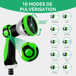 45m/150FT Tuyau d'Arrosage Extensible - Tuyau d'arrosage flexible avec 10 Modèles de Pulvérisation Convient aux Robinets de 1/2"