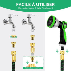 45m/150FT Tuyau d'Arrosage Extensible - Tuyau d'arrosage flexible avec 10 Modèles de Pulvérisation Convient aux Robinets de 1/2"