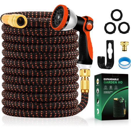 Tuyau d'Arrosage Extensible 45m/150Ft avec 10 Modèles de Pulvérisation Convient aux Robinets de 1/2" et 3/4" Raccords en Métal D