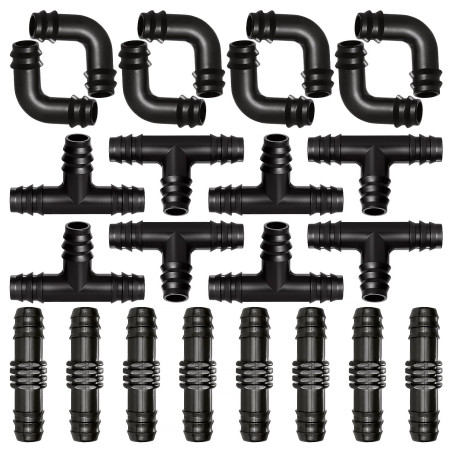 VooGenzek 24 Pièces 16mm Kit de Connecteurs de Tuyaux, Connecteur de Tuyau Cannelé en Plastique, Raccord D'irrigation, Connecteu