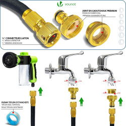 VOUNOT® Tuyau d’Arrosage Extensible 15m Renforcé avec Récipient Savon Adaptable 1/2" et 3/4" 8 Modes de Pulvérisation Flexible e