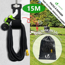 VOUNOT® Tuyau d’Arrosage Extensible 15m Renforcé avec Récipient Savon Adaptable 1/2" et 3/4" 8 Modes de Pulvérisation Flexible e
