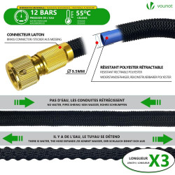 VOUNOT® Tuyau d'Arrosage Extensible 15m Renforcé Adaptable 1/2" et 3/4" 10 Modes de Pulvérisation Flexible et Anti-Fuite Raccord