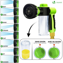 VOUNOT® Tuyau d’Arrosage Extensible 15m Renforcé avec Récipient Savon Adaptable 1/2" et 3/4" 8 Modes de Pulvérisation Flexible e