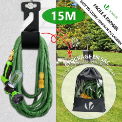 VOUNOT® Tuyau d’Arrosage Extensible 15m Renforcé avec Récipient Savon Adaptable 1/2" et 3/4" 8 Modes de Pulvérisation Flexible e