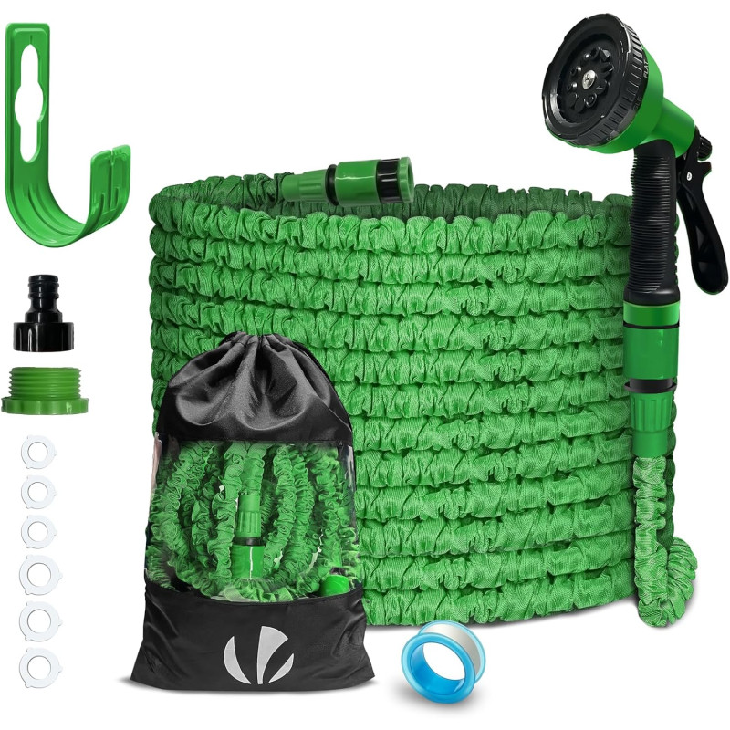 VOUNOT® Tuyau d'Arrosage Extensible 15m Adaptable 1/2" et 3/4" 10 Modes de Pulvérisation Flexible et Anti-Fuite Raccord et Sac d