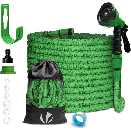 VOUNOT® Tuyau d'Arrosage Extensible 15m Adaptable 1/2" et 3/4" 10 Modes de Pulvérisation Flexible et Anti-Fuite Raccord et Sac d