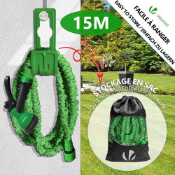 VOUNOT® Tuyau d'Arrosage Extensible 15m Adaptable 1/2" et 3/4" 10 Modes de Pulvérisation Flexible et Anti-Fuite Raccord et Sac d