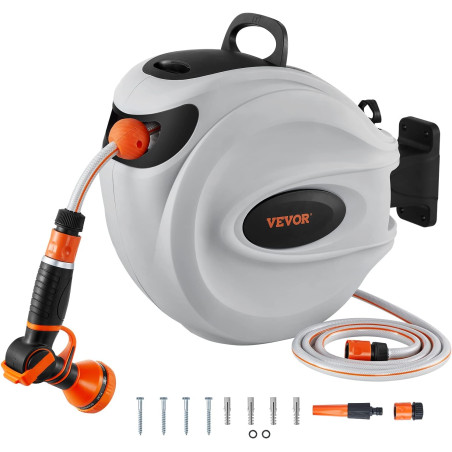 VEVOR Enrouleur Tuyau Arrosage Mural, 30 m x 12 mm, Dévidoir de Tuyaux d'Eau Rétractable avec Support Pivotant 180°, Buse à 9 Mo