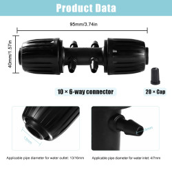 VooGenzek 10 Pièces Connecteur de Tuyau en T Barbelé, 6-Voies Raccord de Tuyau D'Irrigation pour Tube 13/16 mm à 4/7 mm, Connect
