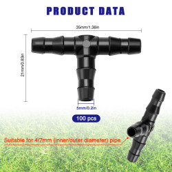 100 Pièces 4/7 mm Plastique Tee Raccord de Tuyau, VooGenzek T Connecteur Barbelé pour Tuyau d'arrosage de Jardin, Tee-Joint pour