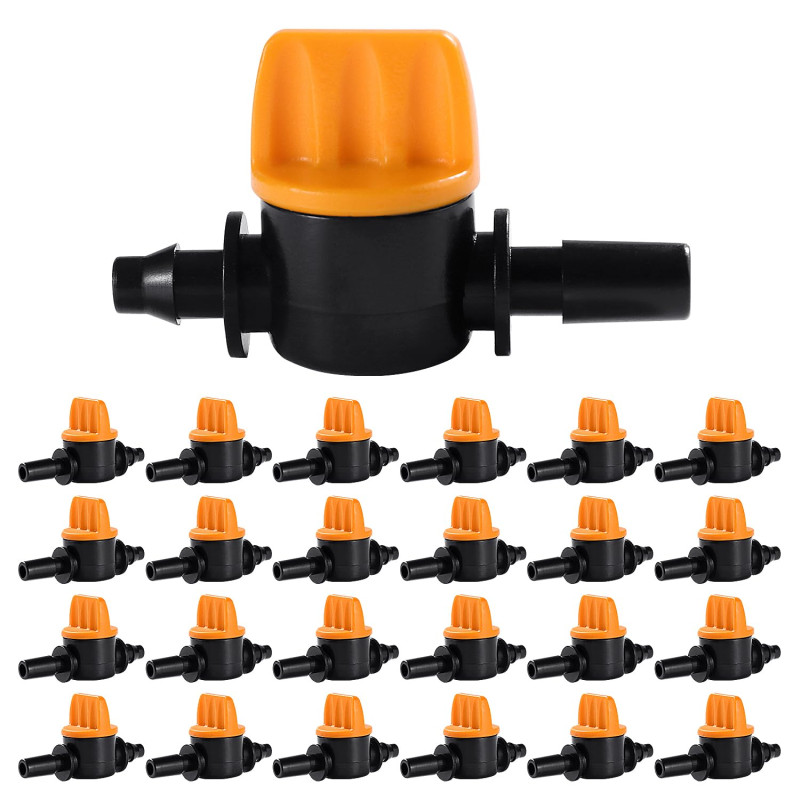VooGenzek 25 Pièces 4/7 Vanne D'irrigation, Mini Valves de Contrôle pour Tuyau d'arrosage 4/7mm, Mini Tuyau Vanne d'eau Travers,