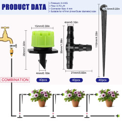 VooGenzek 120 Pièces 4/7mm Kit D'irrigation de Goutte Automatique, 40 Goutteur Irrigation Réglable + 40 Tee-Joint de Tuyau + 40 