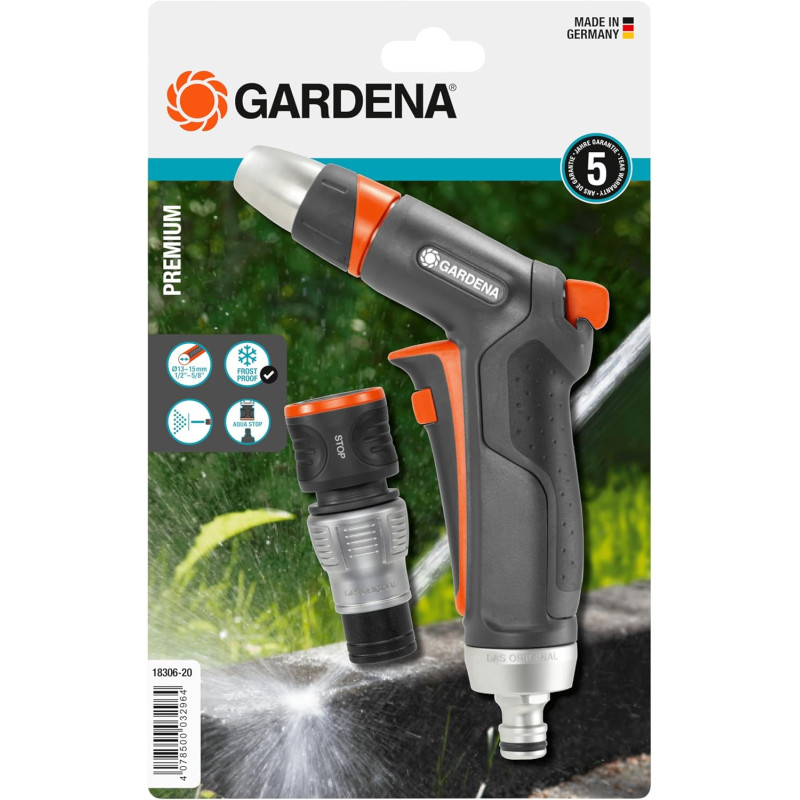 Kit pistolet de nettoyage Premium de Gardena : pistolet de nettoyage robuste et raccord d'arrêt d'eau (18306-20)