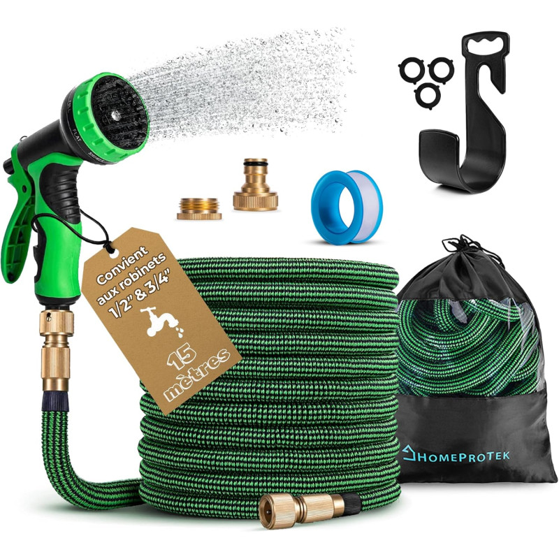 HOMEPROTEK Tuyau d'Arrosage Extensible 15m - Tuyau d’Eau Réglable avec 1/2'' et 3/4'' (19mm et 13mm) Adaptateurs, 9 Modes d'Arro