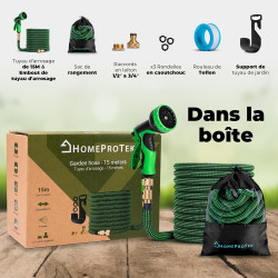 HOMEPROTEK Tuyau d'Arrosage Extensible 15m - Tuyau d’Eau Réglable avec 1/2'' et 3/4'' (19mm et 13mm) Adaptateurs, 9 Modes d'Arro