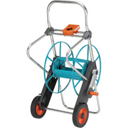 Gardena Dévidoir métal sur roues 100 : enrouleur de tuyau robuste, raccord de tuyau incliné, raccord anti-goutte, manivelle, max