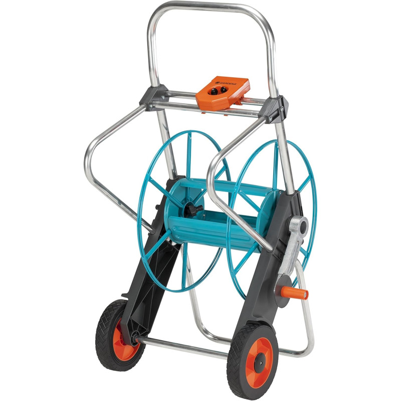 Gardena Dévidoir métal sur roues 100 : enrouleur de tuyau robuste, raccord de tuyau incliné, raccord anti-goutte, manivelle, max