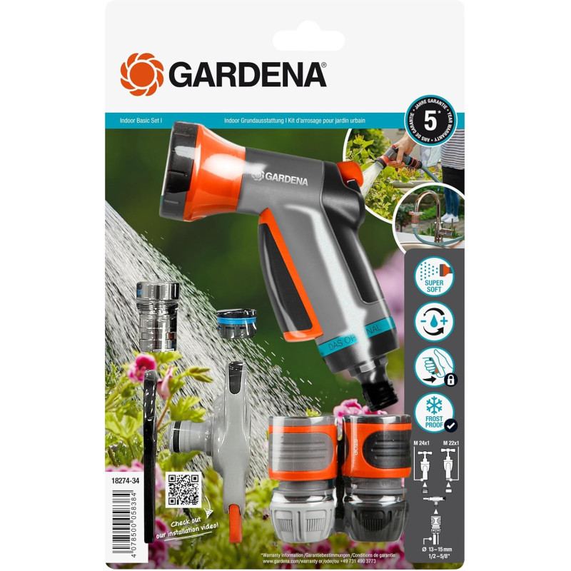 Gardena Equipement de base d'intérieur: kit de démarrage composé d'un raccord de robinet d'intérieur, d'un raccord de tuyau, d'u