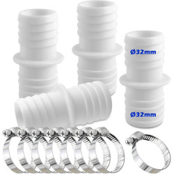 Lot de 4 raccords de tuyau de 32 mm avec 8 colliers de serrage pour piscine - Adaptateur de tuyau double (blanc)