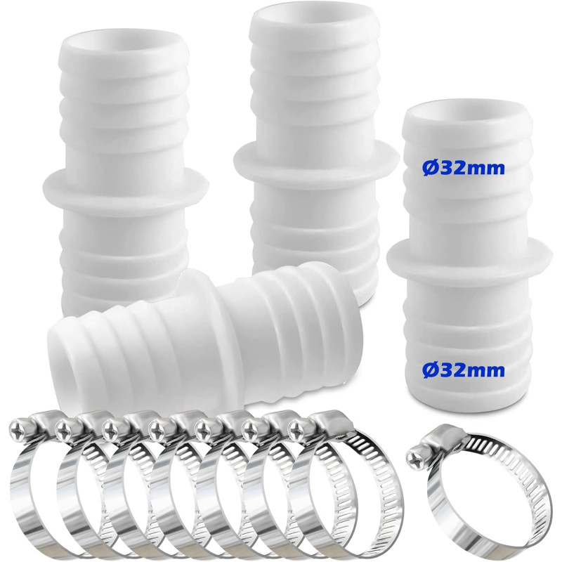 Lot de 4 raccords de tuyau de 32 mm avec 8 colliers de serrage pour piscine - Adaptateur de tuyau double (blanc)