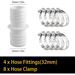 Lot de 4 raccords de tuyau de 32 mm avec 8 colliers de serrage pour piscine - Adaptateur de tuyau double (blanc)
