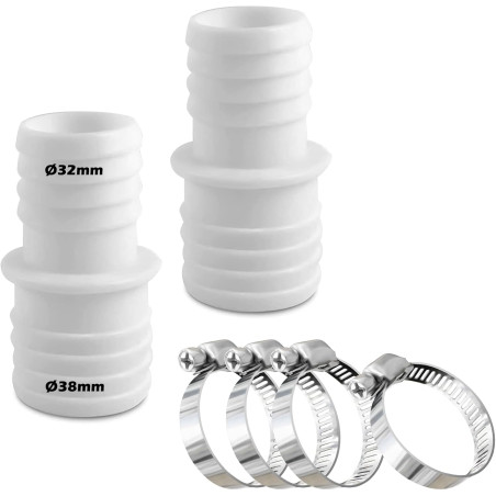Lot de 2 raccords de tuyau de 32 mm à 38 mm de diamètre avec 4 colliers de serrage pour piscine