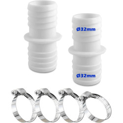 Lot de 2 raccords de tuyau de 32 mm avec 4 colliers de serrage en acier inoxydable, blanc, adaptateur double pour piscine