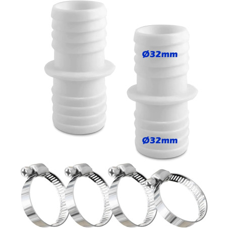Lot de 2 raccords de tuyau de 32 mm avec 4 colliers de serrage en acier inoxydable, blanc, adaptateur double pour piscine